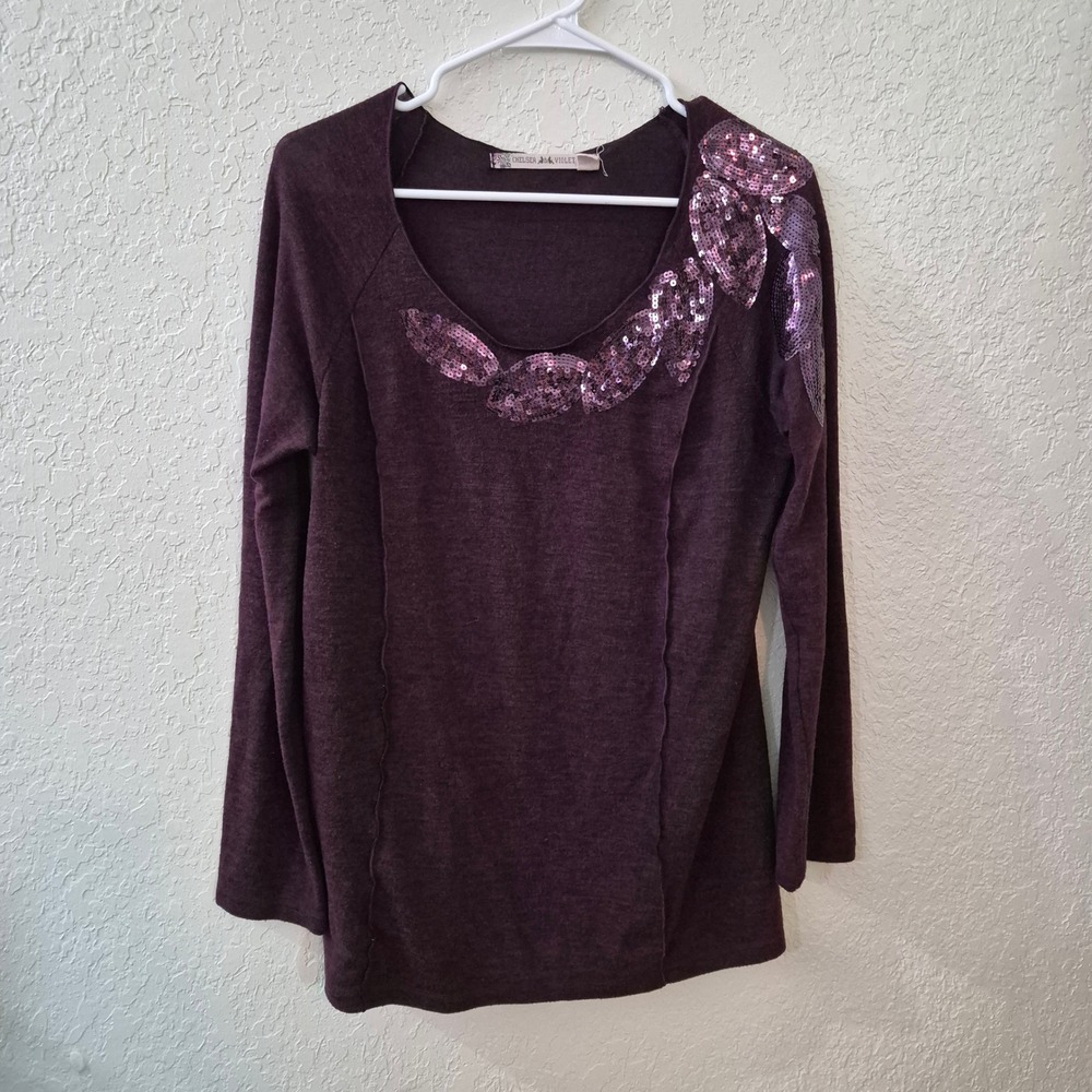 Chelsea & Violet Women's Large Purple Sequin Floral Long Sleeve Top Whimsigoth